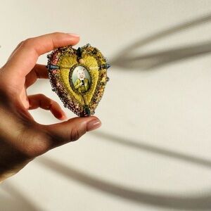 Artisan Hand-Embroidered Heart Brooch with Pig | Wearable Art Jewelry